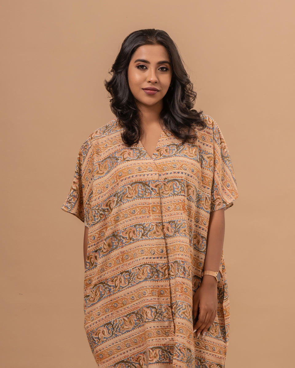 Beige - Block Print Cotton Kalamkari Kaftan with Tie-Up Waist (Short)