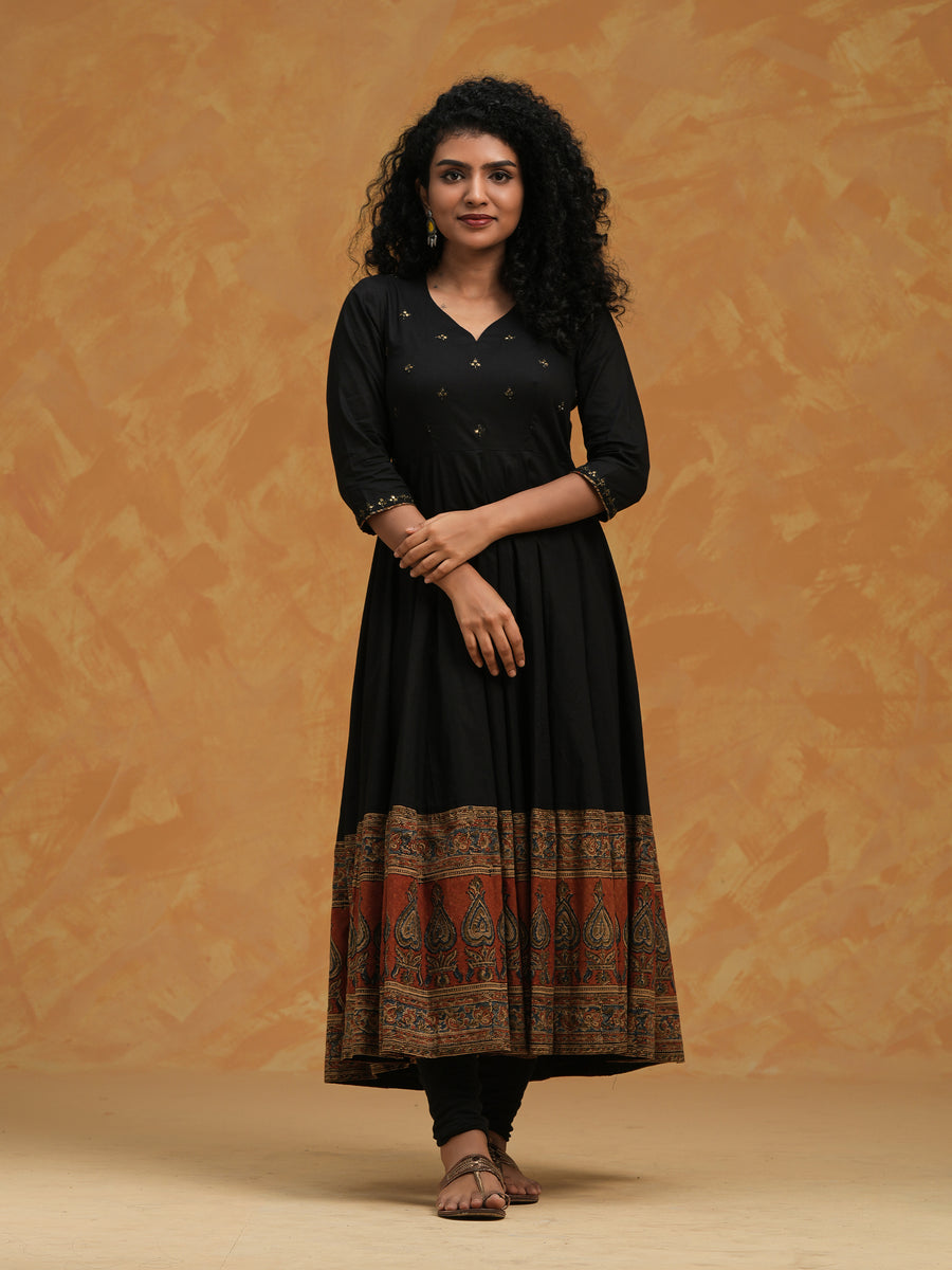 Idalia Women's Black Cotton Anarkali Dress - Full Sleeve With Printed Borders & Gota Detailing - View #4