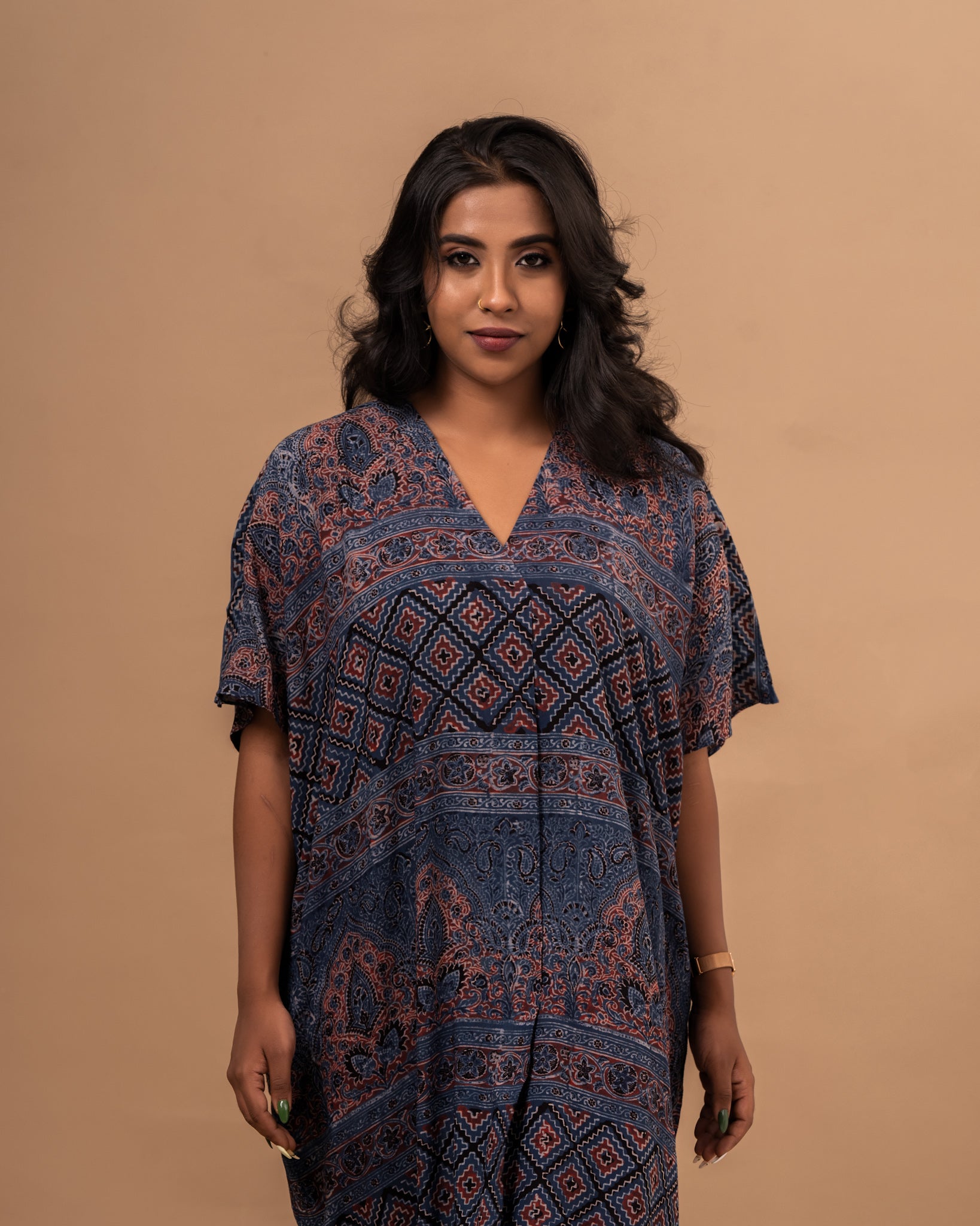 Indigo Ajrak Modal Kaftan dress – JUGALBANDHI
