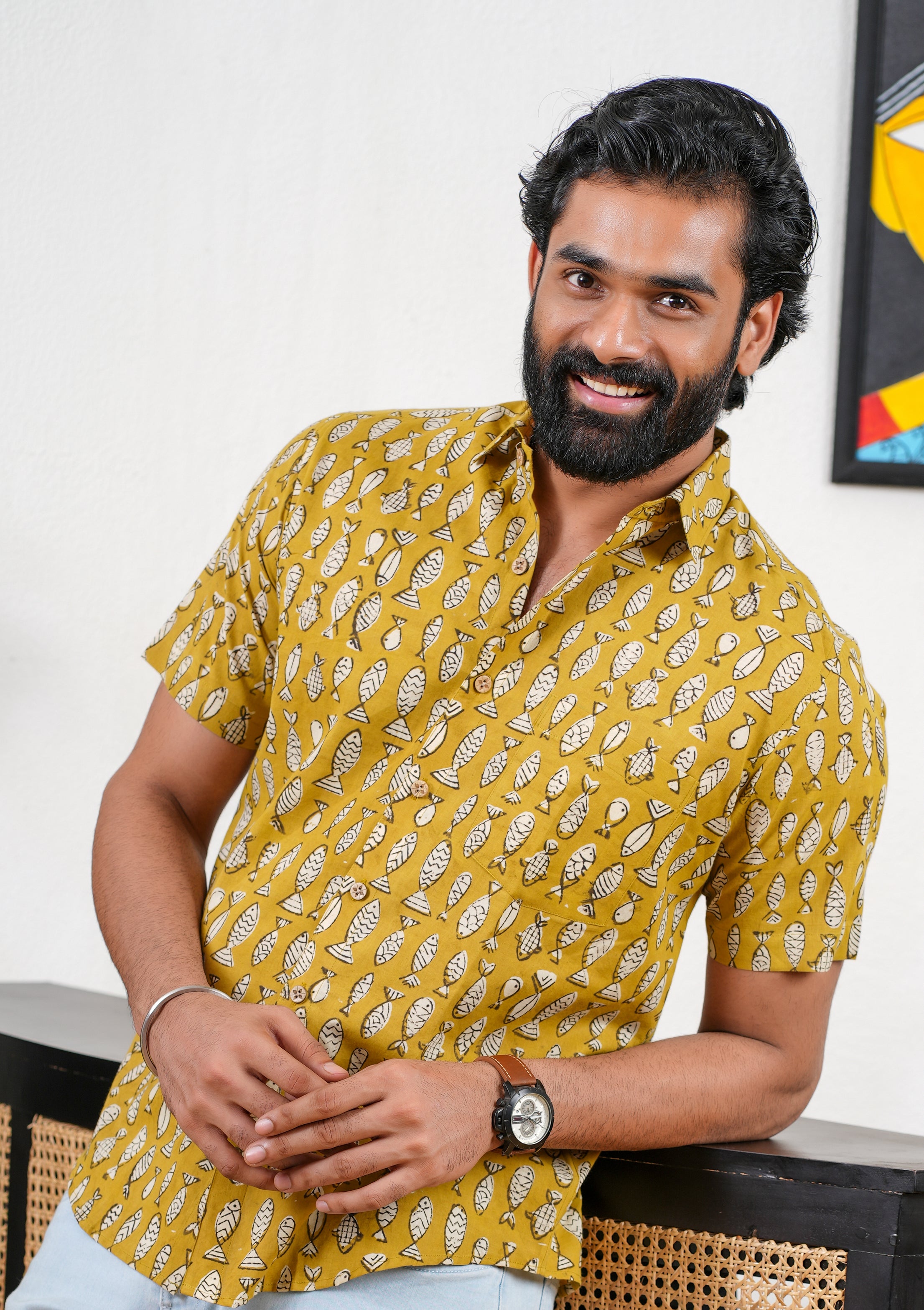 Black - Kalamkari Block Printed Cotton Men Half Sleeve Shirt